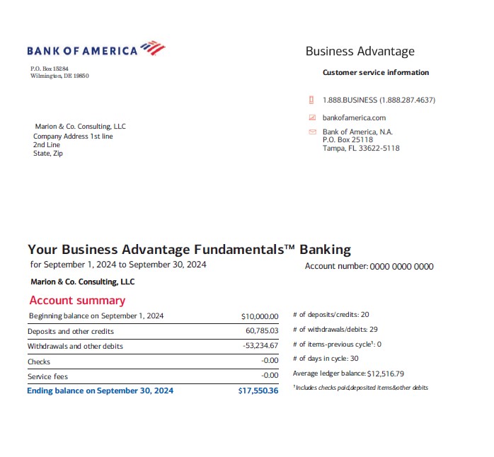 Bank of America September 2024 Business Bank Statement Template