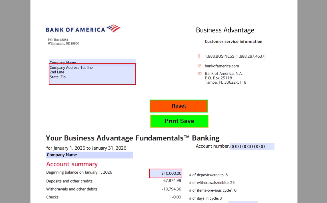 Download 2026 January BOA Business Template (Bank Statement)