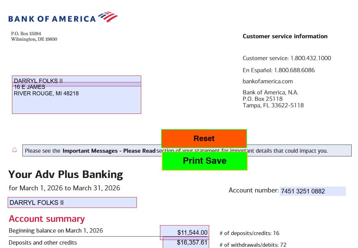 March 2026 Bank of America (Personal) Bank Statement Template